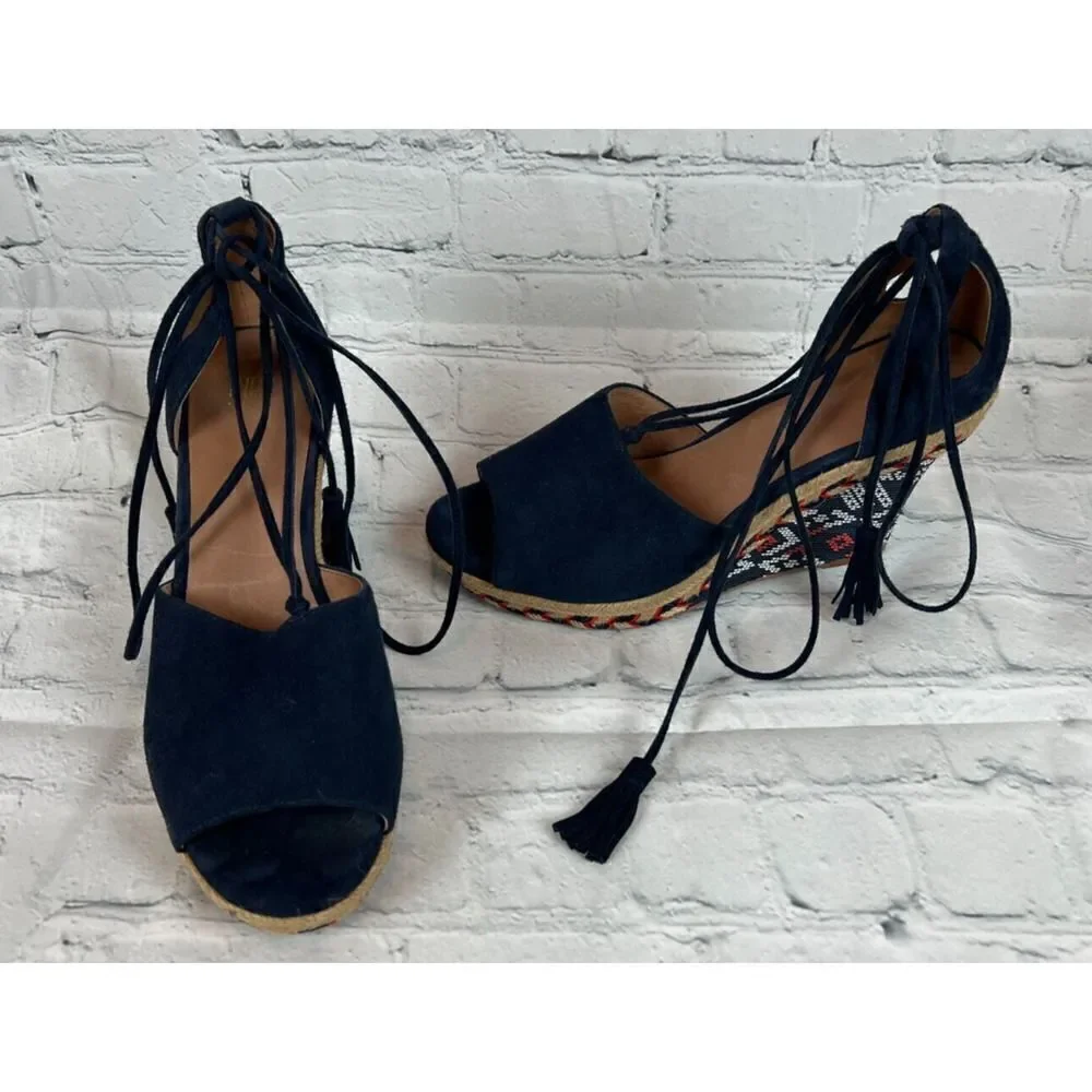 CABI boho navy blue Isla leather suede wedge espadrille tassels sandals size 9M